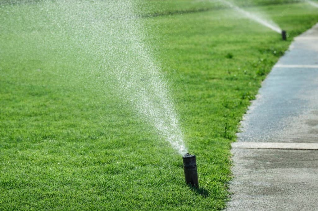 Lawn being watered by irrigation sprinklers